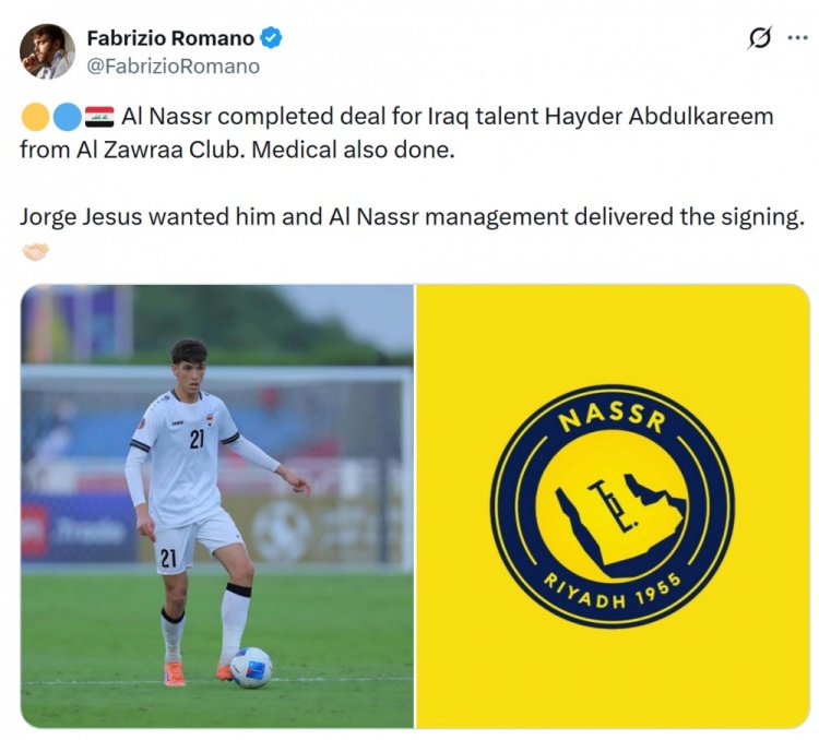 开云官方-罗马诺：利雅得胜利将签下伊拉克中场海德尔·阿卜杜勒卡里姆